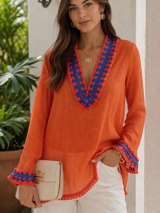 Tory Burch Tops - Tory Burch Samba Cotton Embroidered Fringe Trim Tunic Size 4